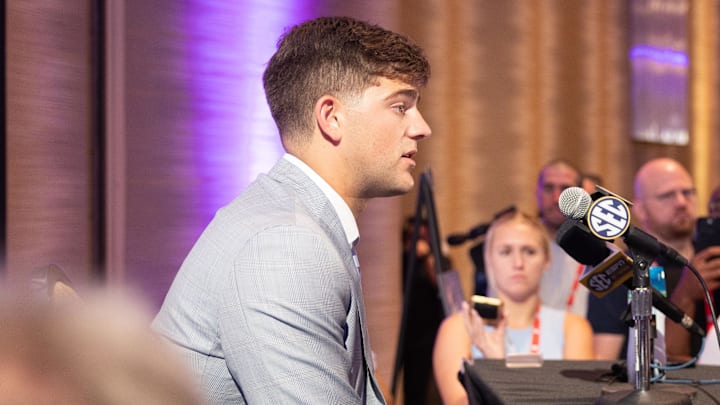LSU quarterback Garrett Nussmeier speaking to the media at Omni Dallas Hotel.