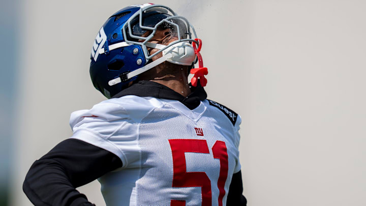 New York Giants linebacker Abdul Carter (51) spits water out during day one of the New York Giants training camp at Quest Diagnostics Giants Training Center in East Rutherford on Wednesday, July 23, 2025.