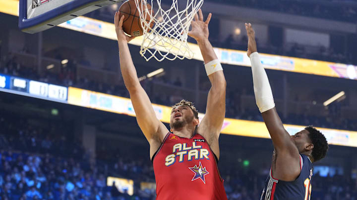 Feb 16, 2025; San Francisco, CA, USA; Chuck’s Global Stars forward Alperen Sengun (28) of the Houston Rockets shoots against Kenny’s Young Stars forward Jaren Jackson Jr. (13) of the Memphis Grizzlies during the 2025 NBA All Star Game at Chase Center. Mandatory Credit: Kyle Terada-Imagn Images Feb 16, 2025; San Francisco, CA, USA; Chuck’s Global Stars forward Alperen Sengun (28) of the Houston Rockets shoots against Kenny’s Young Stars forward Jaren Jackson Jr. (13) of the Memphis Grizzlies during the 2025 NBA All Star Game at Chase Center. Mandatory Credit: Kyle Terada-Imagn Images