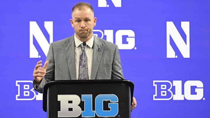 Jul 23, 2024; Indianapolis, IN, USA; Northwestern Wildcats head coach David Braun speaks to the media during the Big 10 football media day at Lucas Oil Stadium. Mandatory Credit: Robert Goddin-Imagn Images