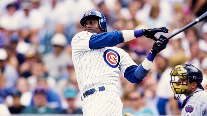 1998, Chicago, IL, USA; FILE PHOTO; Chicago Cubs right fielder Sammy Sosa in action at the plate at Wrigley Field during the 1998 season. Mandatory Credit: RVR Photos-Imagn Images 1998, Chicago, IL, USA; FILE PHOTO; Chicago Cubs right fielder Sammy Sosa in action at the plate at Wrigley Field during the 1998 season. Mandatory Credit: RVR Photos-Imagn Images