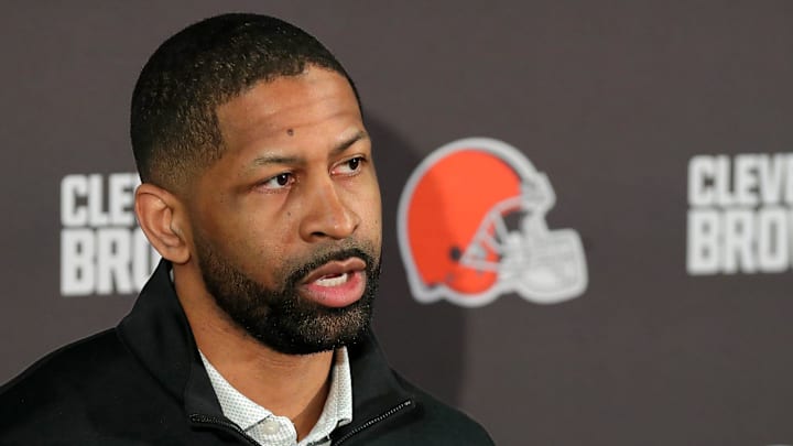 Cleveland Browns general manager Andrew Berry speaks about the hiring process during Todd Monken’s introductory press conference at the Cleveland Browns training facility, Feb. 3, 2026, in Berea, Ohio.