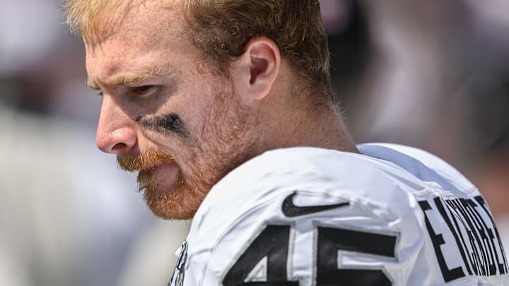 Sep 15, 2024; Baltimore, Maryland, USA; Las Vegas Raiders linebacker Tommy Eichenberg (45) looks on before the game against the Baltimore Ravens at M&T Bank Stadium. Mandatory Credit: Reggie Hildred-Imagn Images Sep 15, 2024; Baltimore, Maryland, USA; Las Vegas Raiders linebacker Tommy Eichenberg (45) looks on before the game against the Baltimore Ravens at M&T Bank Stadium. Mandatory Credit: Reggie Hildred-Imagn Images