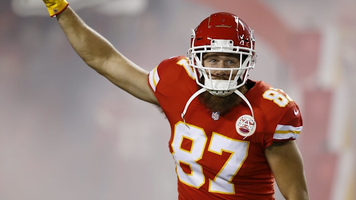 Kansas City Chiefs tight end Travis Kelce (87) runs on the field as he's introduced in the first quarter of the game between the Kansas City Chiefs and the Cincinnati Bengals at Arrowhead Stadium in Kansas City on Oct. 16, 2018. Kansas City Chiefs tight end Travis Kelce (87) runs on the field as he's introduced in the first quarter of the game between the Kansas City Chiefs and the Cincinnati Bengals at Arrowhead Stadium in Kansas City on Oct. 16, 2018.