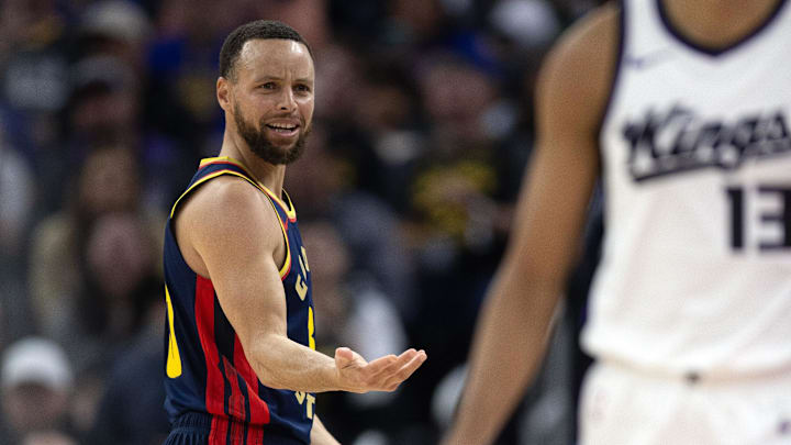 Mar 13, 2025; San Francisco, California, USA; Golden State Warriors guard Stephen Curry (30) reacts to being called for a foul against the Sacramento Kings during the second quarter at Chase Center. Mandatory Credit: D. Ross Cameron-Imagn Images