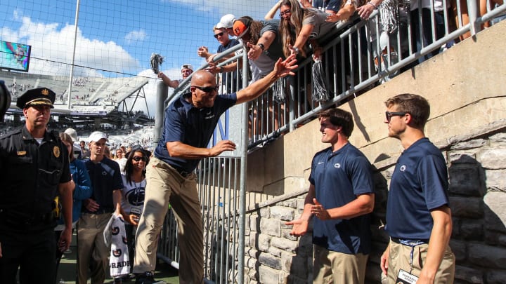 Penn State Nittany Lions head coach James Franklin celebrates with the students following a win at Beaver Stadium. 