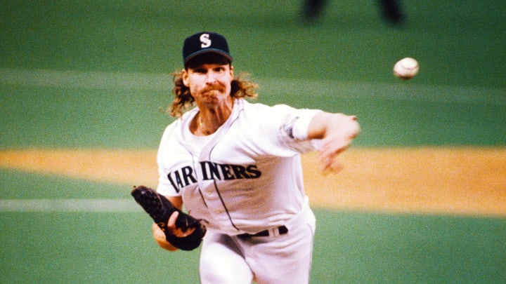 Aug 26,1997; Seattle, WA, USA; FILE PHOTO; Seattle Mariners pitcher Randy Johnson in action on the mound against the Boston Red Sox at the Kingdome. Mandatory Credit: Tony Tomsic-USA TODAY NETWORK