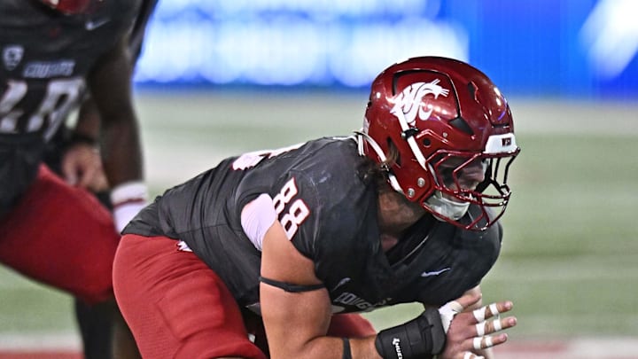Sep 20, 2025; Pullman, Washington, USA; Washington State Cougars defensive end Isaac Terrell (88) lines up for a play against the Washington Huskies in the second half of Apple Cup at Gesa Field at Martin Stadium. Mandatory Credit: James Snook-Imagn Images