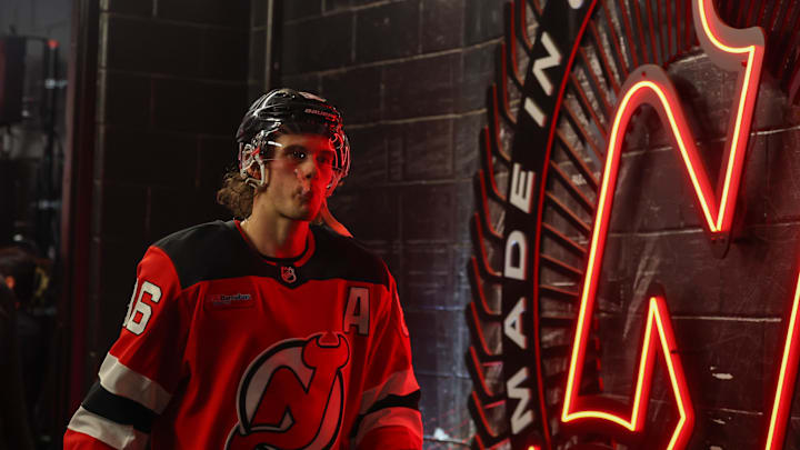 Mar 29, 2026; Newark, New Jersey, USA; New Jersey Devils center Jack Hughes (86) walks to the locker room after their victory over the Chicago Blackhawks at Prudential Center. Mandatory Credit: Ed Mulholland-Imagn Images