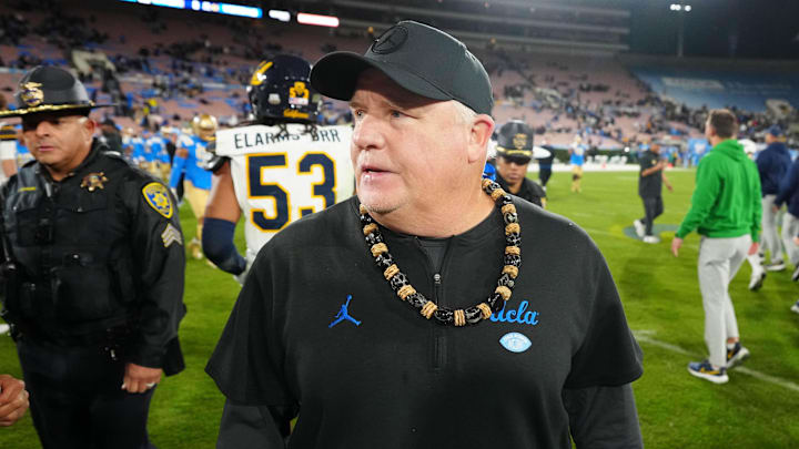 Nov 25, 2023; Pasadena, California, USA; UCLA Bruins head coach Chip Kelly reacts after the game against the California Golden Bears at Rose Bowl. Mandatory Credit: Kirby Lee-Imagn Images
