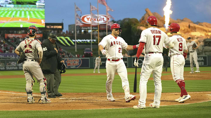 May 24, 2023; Anaheim, California, USA; Los Angeles Angels center fielder Mike Trout (27) celebrates