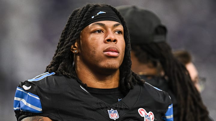 Dec 25, 2025; Minneapolis, Minnesota, USA; Detroit Lions running back Jahmyr Gibbs (0) looks on before the game against the Minnesota Vikings at U.S. Bank Stadium. Mandatory Credit: Jeffrey Becker-Imagn Images