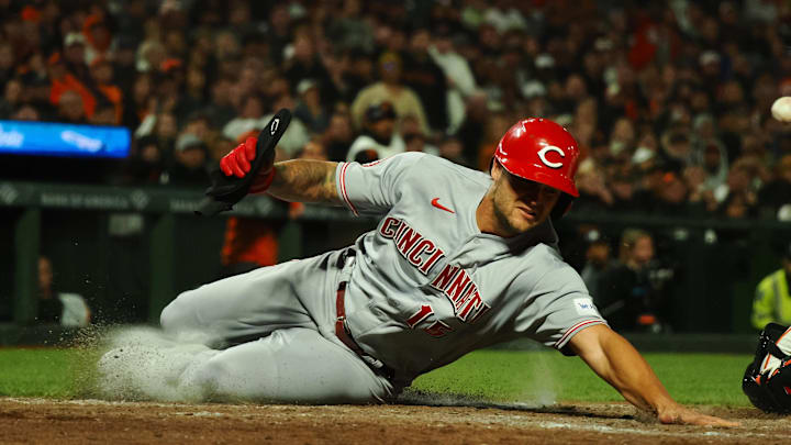 Aug 28, 2023; San Francisco, California, USA; Cincinnati Reds left fielder Nick Senzel (15) scores a