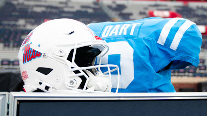 Ole Miss QB Jaxson Dart's jersey and helmet prior to the Rebels' game against Georgia. Ole Miss QB Jaxson Dart's jersey and helmet prior to the Rebels' game against Georgia.