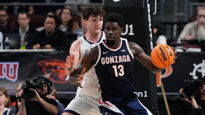 March 11, 2025; Las Vegas, NV, USA; Gonzaga Bulldogs forward Graham Ike (13) during the first half in the final of the West Coast Conference tournament at Orleans Arena. Mandatory Credit: Kyle Terada-Imagn Images