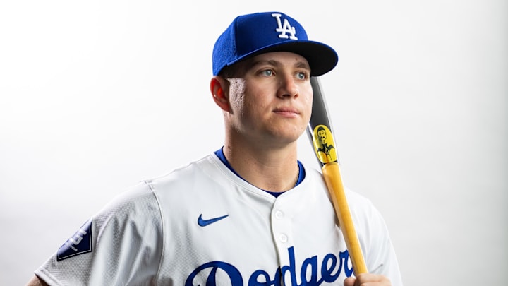 Feb 21, 2024; Glendale, AZ, USA; Los Angeles Dodgers outfielder Ryan Ward poses for a portrait during media day at Camelback Ranch. Mandatory Credit: Mark J. Rebilas-Imagn Images