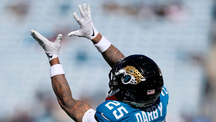 Jacksonville Jaguars cornerback Ronald Darby (25) catches a pass before an NFL football matchup Sunday, Dec. 1, 2024 at EverBank Stadium in Jacksonville, Fla. [Corey Perrine/Florida Times-Union]