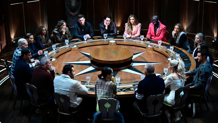 THE TRAITORS -- "I Will Bury You Under The Sand" Episode 304 -- Pictured: (l-r) Sam Asghari, Lord Ivar Mountbatten, Rob Mariano, Bob Harper, Dolores Catania, Danielle Reyes, Gabby Windey, Alan Cumming, Derrick Levasseu, Tom Sandoval, Chrishell Stause, Bob The Drag Queen, Robyn Dixon, Britney Haynes, Ciara Miller, Dylan Efron, Carolyn Wiger, Wes Bergmann, Nikki Garcia -- (Photo by: Euan Cherry/Peacock)