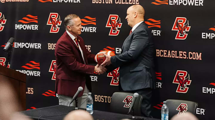 Boston College athletic director Blake James and head coach Bill O'Brien at O'Brien's introductory news conference on Feb. 15, 2024. Photo Credit: Boston College Athletics / Eddie Shabomardenly