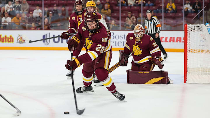 Senior defenseman Riley Bodnarchuk carries the pick as UMD completes a sweep of Minnesota in men's hockey on Oct. 25, 2025 Senior defenseman Riley Bodnarchuk carries the pick as UMD completes a sweep of Minnesota in men's hockey on Oct. 25, 2025