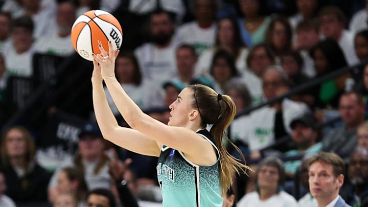 Oct 16, 2024; Minneapolis, Minnesota, USA; New York Liberty guard Sabrina Ionescu (20) shoots against the Minnesota Lynx during the first half of game three of the 2024 NBA Finals at Target Center. Mandatory Credit: Matt Krohn-Imagn Images