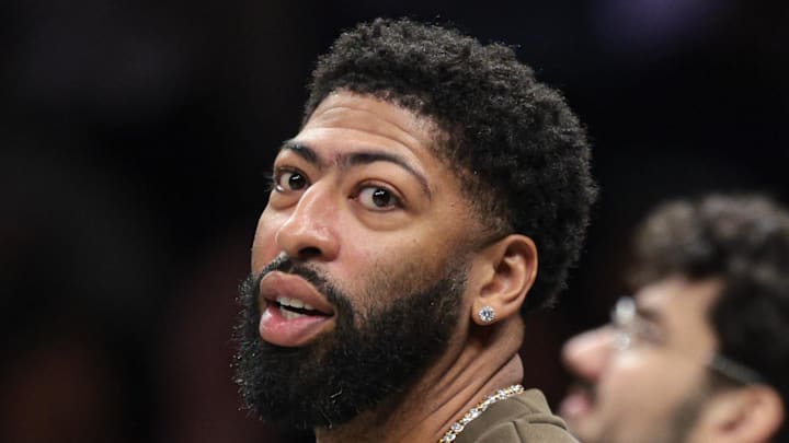 Apr 5, 2026; Brooklyn, New York, USA;  Washington Wizards forward Anthony Davis (23) looks on during the first half against the Brooklyn Nets at Barclays Center. Mandatory Credit: Vincent Carchietta-Imagn Images