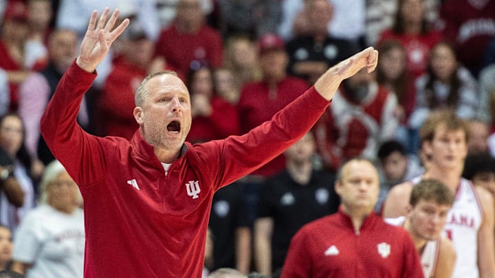 Indiana Head Coach Darian DeVries during the Indiana versus Wisconsin men's basketball game at Simon Skjodt Assembly Hall on Saturday, Feb. 7, 2026.