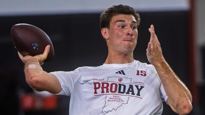 Fernando Mendoza participates in Indiana University's Pro Day at Mellencamp Pavilion. Fernando Mendoza participates in Indiana University's Pro Day at Mellencamp Pavilion.