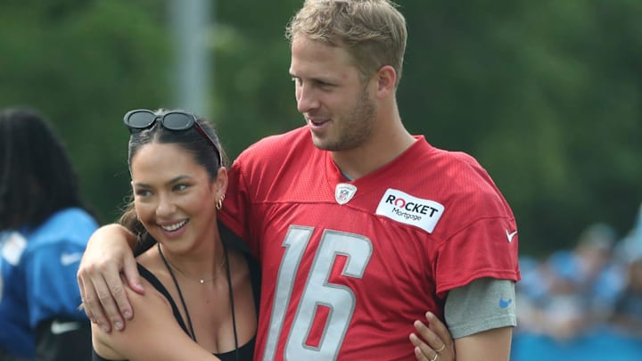 Lions quarterback Jared Goff and Christen Harper, on the field at the end of training camp.