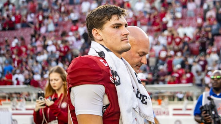 Alabama Quarterback Ty Simpson walks off the field against the win against Eastern Illinois on November 22, 2025. Alabama Quarterback Ty Simpson walks off the field against the win against Eastern Illinois on November 22, 2025.