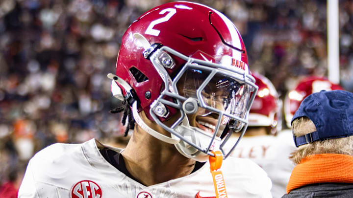 Alabama wide receiver Ryan Williams is all smiles after winning the Iron Bowl on November 29, 2025.