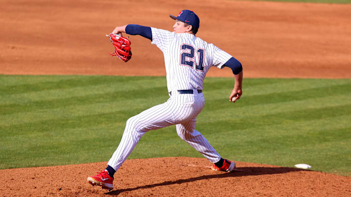 RHP Mason Morris throws a pitch for the Ole Miss Rebels against Wright State at Swayze Field in Oxford, Miss., on March 2, 2025.