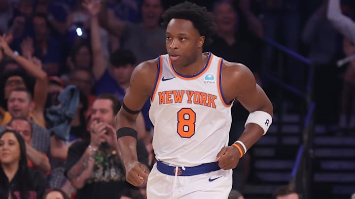 May 19, 2024; New York, New York, USA; New York Knicks forward OG Anunoby (8) runs up the court May 19, 2024; New York, New York, USA; New York Knicks forward OG Anunoby (8) runs up the court
