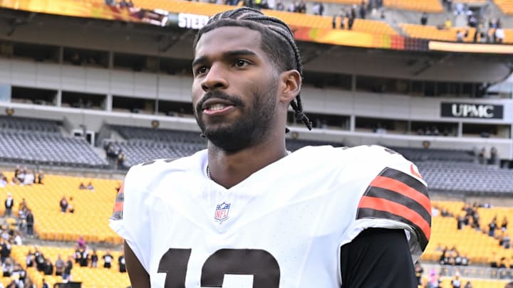 Oct 12, 2025; Pittsburgh, Pennsylvania, USA; Cleveland Browns quarterback Shedeur Sanders (12) leaves the field following the game against the Pittsburgh Steelers at Acrisure Stadium. Mandatory Credit: Barry Reeger-Imagn Images