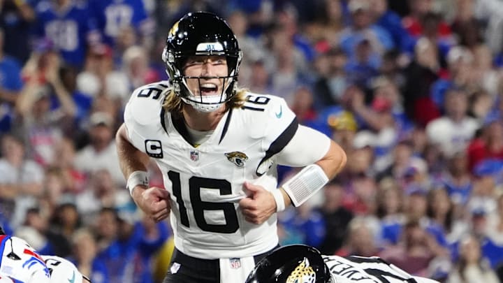 Sep 23, 2024; Orchard Park, New York, USA; Jacksonville Jaguars quarterback Trevor Lawrence (16) calls signals against the Buffalo Bills during the second half at Highmark Stadium. Mandatory Credit: Gregory Fisher-Imagn Images Sep 23, 2024; Orchard Park, New York, USA; Jacksonville Jaguars quarterback Trevor Lawrence (16) calls signals against the Buffalo Bills during the second half at Highmark Stadium. Mandatory Credit: Gregory Fisher-Imagn Images