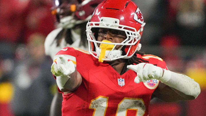 Oct 27, 2025; Kansas City, Missouri, USA; Kansas City Chiefs running back Isiah Pacheco (10) reacts after a play against the Washington Commanders during the fourth quarter of the game at GEHA Field at Arrowhead Stadium. Mandatory Credit: Denny Medley-Imagn Images