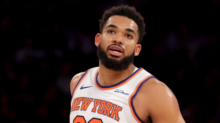 Dec 23, 2024; New York, New York, USA; New York Knicks center Karl-Anthony Towns (32) reacts during the fourth quarter against the Toronto Raptors at Madison Square Garden. Mandatory Credit: Brad Penner-Imagn Images Dec 23, 2024; New York, New York, USA; New York Knicks center Karl-Anthony Towns (32) reacts during the fourth quarter against the Toronto Raptors at Madison Square Garden. Mandatory Credit: Brad Penner-Imagn Images