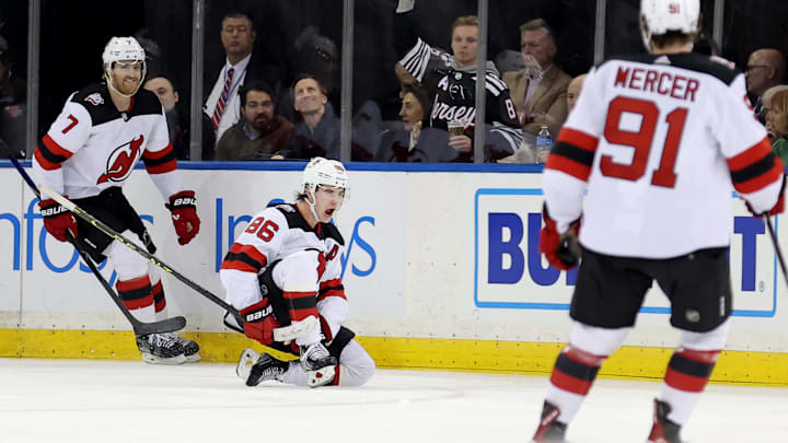 New Jersey Devils center Jack Hughes (86) celebrates his goal: Brad Penner-Imagn Images