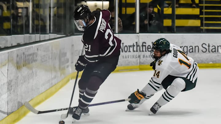 Union's John Prokop takes the puck from UVM's Dawson Good during the Dutchmen's loss to the Catamounts on Saturday evening at Gutterson Fieldhouse. Union's John Prokop takes the puck from UVM's Dawson Good during the Dutchmen's loss to the Catamounts on Saturday evening at Gutterson Fieldhouse.