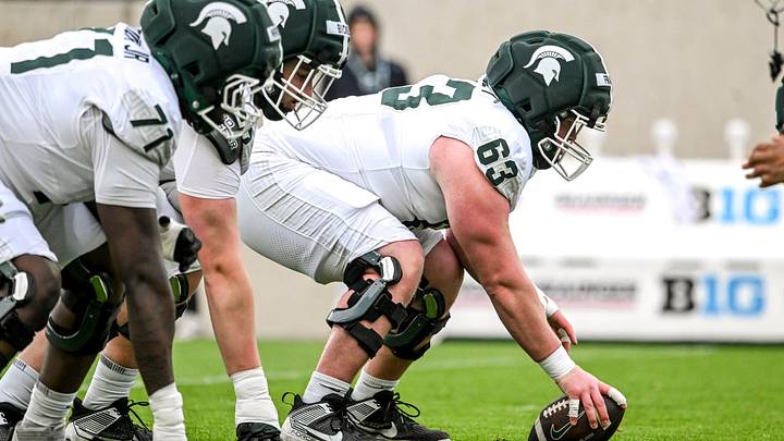 Michigan State's Trent Fraley prepares to snap the ball during the football Spring Showcase on Saturday, April 18, 2026, at Spartan Stadium in East Lansing. Michigan State's Trent Fraley prepares to snap the ball during the football Spring Showcase on Saturday, April 18, 2026, at Spartan Stadium in East Lansing.