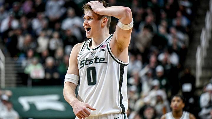 Michigan State's Jaxon Kohler reacts to Coen Carr's dunk against Maryland during the second half on Saturday, Jan. 24, 2026, at the Breslin Center in East Lansing. Michigan State's Jaxon Kohler reacts to Coen Carr's dunk against Maryland during the second half on Saturday, Jan. 24, 2026, at the Breslin Center in East Lansing.