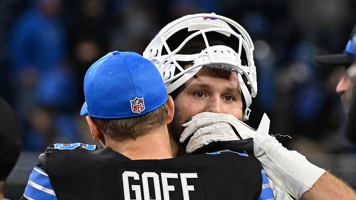 Dec 15, 2024; Detroit, Michigan, USA; Buffalo Bills quarterback Josh Allen (17) exchanges words with Detroit Lions quarterback Jared Goff (16) following their win over the Lions at Ford Field. Mandatory Credit: Lon Horwedel-Imagn Images Dec 15, 2024; Detroit, Michigan, USA; Buffalo Bills quarterback Josh Allen (17) exchanges words with Detroit Lions quarterback Jared Goff (16) following their win over the Lions at Ford Field. Mandatory Credit: Lon Horwedel-Imagn Images