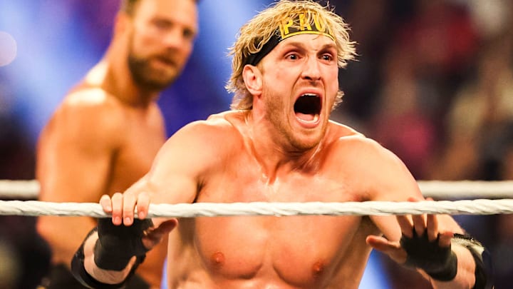 Logan Paul yells in celebration Saturday, Feb. 1, 2025, during the WWE Royal Rumble at Lucas Oil Stadium in Indianapolis. Logan Paul yells in celebration Saturday, Feb. 1, 2025, during the WWE Royal Rumble at Lucas Oil Stadium in Indianapolis.