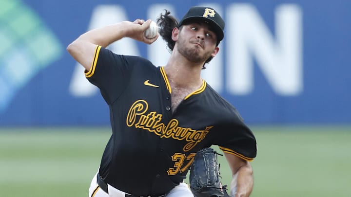 Aug 27, 2024; Pittsburgh, Pennsylvania, USA; Pittsburgh Pirates starting pitcher Jared Jones (37) delivers a pitch against the Chicago Cubs during the first inning at PNC Park. Mandatory Credit: Charles LeClaire-Imagn Images Aug 27, 2024; Pittsburgh, Pennsylvania, USA; Pittsburgh Pirates starting pitcher Jared Jones (37) delivers a pitch against the Chicago Cubs during the first inning at PNC Park. Mandatory Credit: Charles LeClaire-Imagn Images