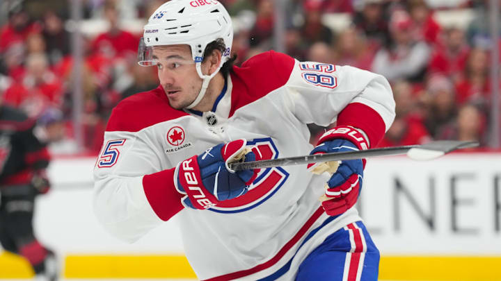 Jan 1, 2026; Raleigh, North Carolina, USA;  Montréal Canadiens left wing Alexandre Texier (85) skates against the Carolina Hurricanes during the third period at Lenovo Center. Mandatory Credit: James Guillory-Imagn Images