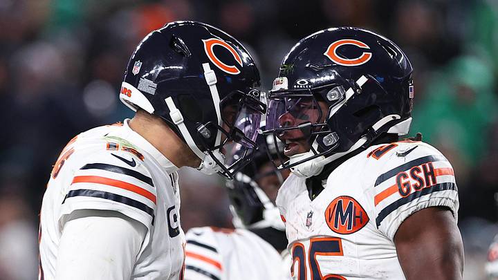 Chicago Bears quarterback Caleb Williams (18) and running back Kyle Monangai (25).