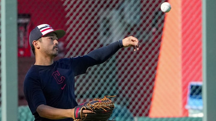 Sep 3, 2024: Cleveland Guardians left fielder Steven Kwan (38) throws the ball in against the Kansas City Royals during warm ups prior to a game at Kauffman Stadium. 