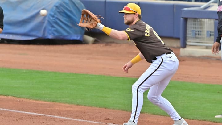 Feb 26, 2024; Peoria, Arizona, USA;  San Diego Padres first baseman Jake Cronenworth (9) catches the