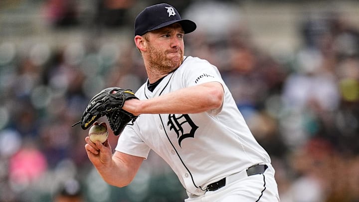 Detroit Tigers pitcher John Brebbia (49) throws against Chicago White Sox during the eighth inning at Comerica Park in Detroit on Saturday, April 5, 2025. Detroit Tigers pitcher John Brebbia (49) throws against Chicago White Sox during the eighth inning at Comerica Park in Detroit on Saturday, April 5, 2025.