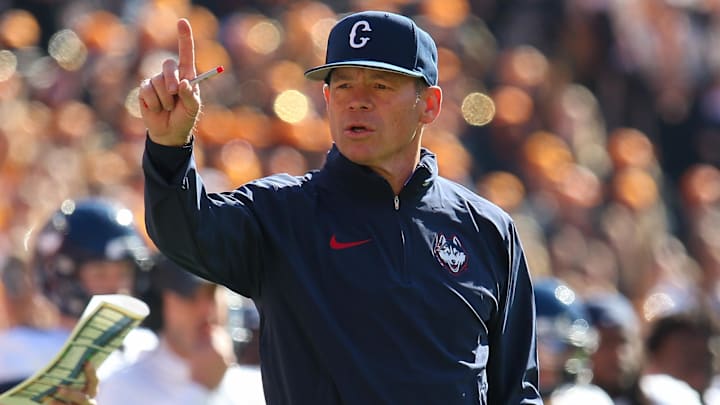 Nov 4, 2023; Knoxville, Tennessee, USA; Connecticut Huskies head coach Jim Mora reacts during the first half against the Tennessee Volunteers at Neyland Stadium. Mandatory Credit: Randy Sartin-Imagn Images